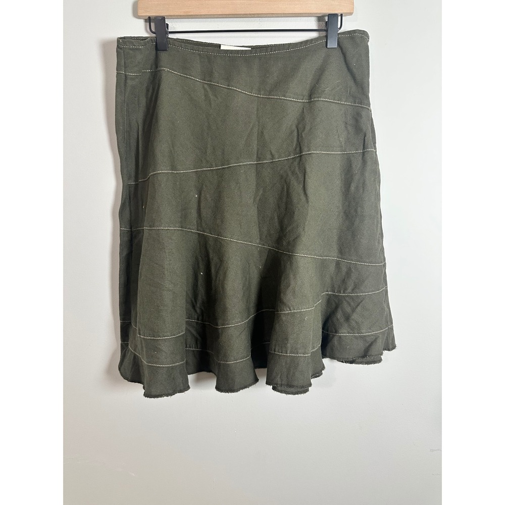 DKNY Jeans Vintage Y2K 12P Olive Green Linen Cotton Contrast Stitch A-Line Skirt